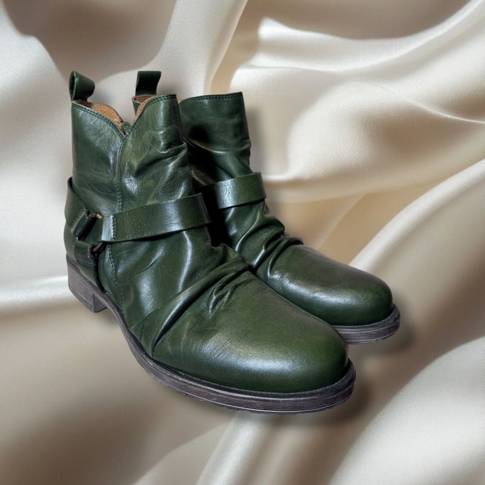 Miz Mooz Green Leather Harness Moto Ankle Boots EU 40 Made in Portugal
